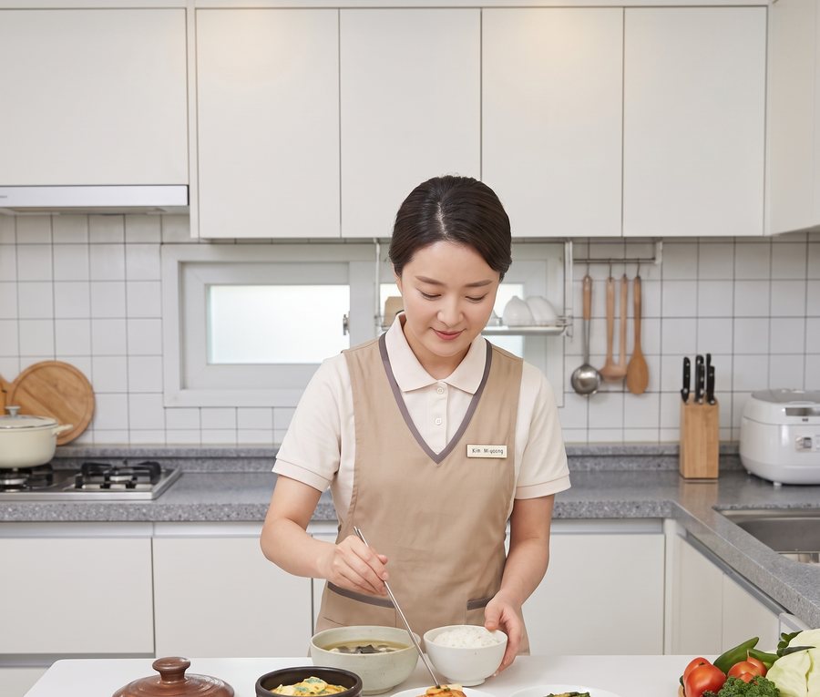 요양보호사가 어르신의 식사를 준비하는 모습